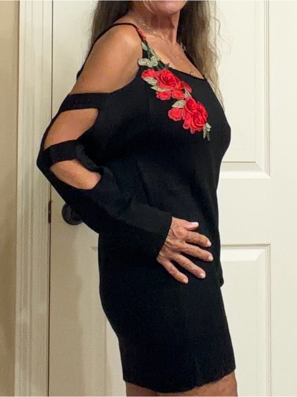 Women's Black Dress w/ Red Rose Embroidery